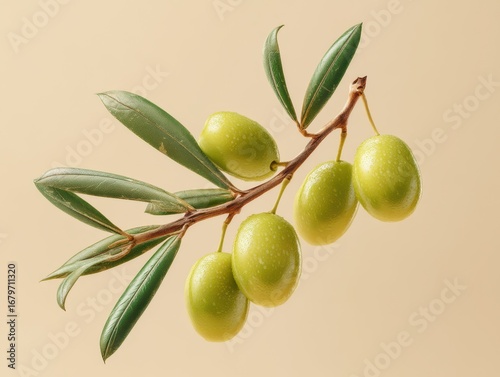 Wallpaper Mural Vibrant Green Olive Branch with Unripe Olives and Leaves, Isolated on Soft Beige Background. Torontodigital.ca