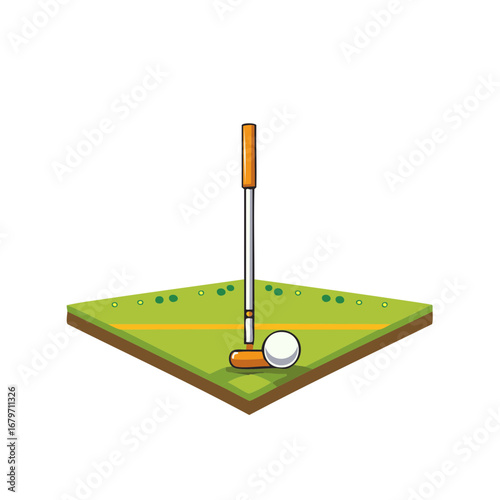 Cartoon golf putter and ball on an isometric green field for a mini golf game vector illustration