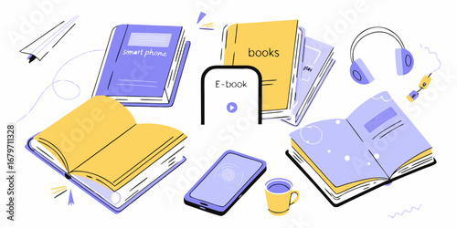 Digital reading and learning with e books smartphones headphones and traditional books