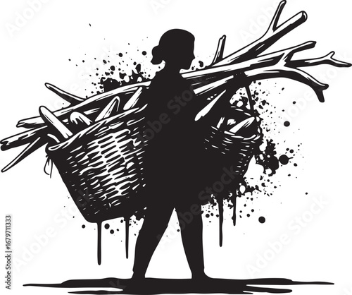 Monochrome illustration of a woman carrying baskets filled with