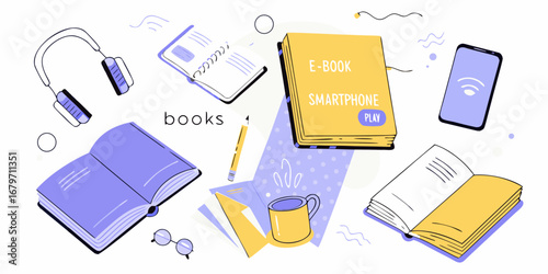 Collection of books e books headphones and smartphone representing modern reading and learning