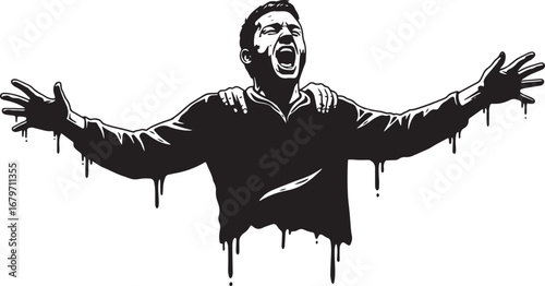 Expressive monochrome portrayal of triumphant man with dripping