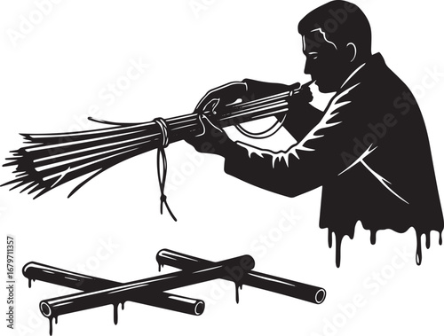 Monochromatic vector illustration of a man assembling musical in