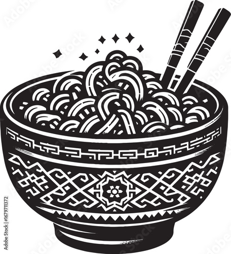 Illustration of a bowl of noodles with chopsticks in a decorative bowl, monochrome image