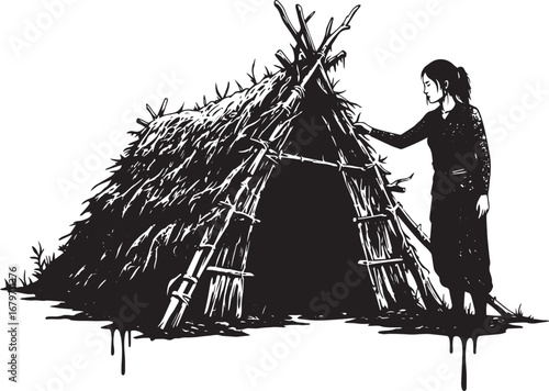 Monochromatic illustration of a woman beside a rustic straw shel