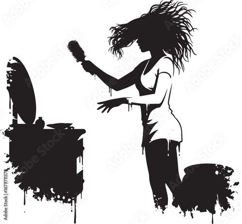 Silhouette of a woman tossing her hair while holding a brush in