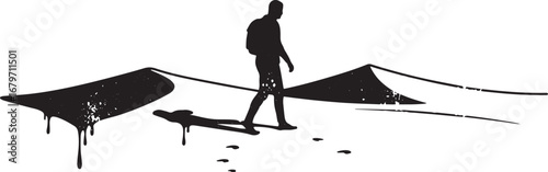 Isolated silhouette illustration of a hiker trekking across an a