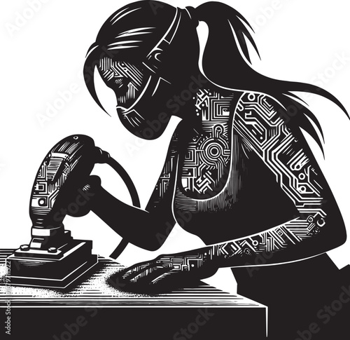 An artistic representation of a cyborg woman operating a machine, futuristic concept