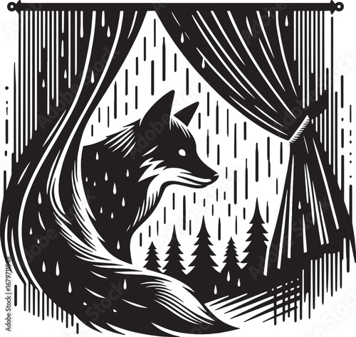 Black and white illustration of a fox inside a tent with forest background, digital art