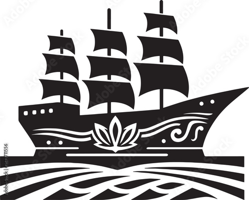 Illustration of a stylized sailboat with a lotus flower design on a black background