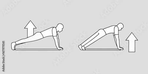 Man performing push up exercise with upward arrow indicating movement and progress