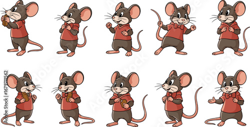 Cartoon mice wearing shirts in various poses. Animated animal characters, rodent illustrations, cute and fun, childlike