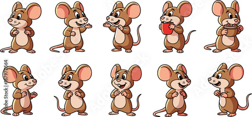 Cartoon mice collection in various poses. Cute animal characters, fun illustrations, playful mascots, whimsical animation.