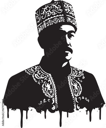 Monochrome depiction of Uyghur man in traditional attire with cr