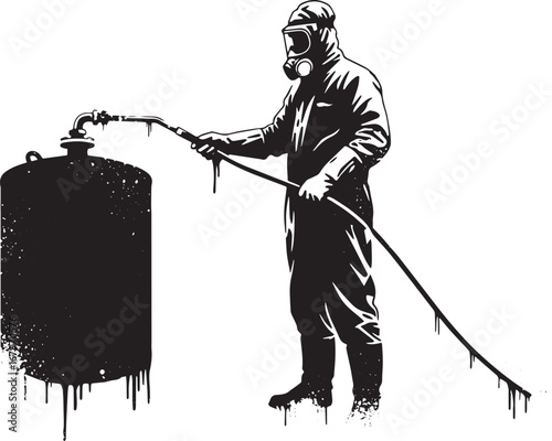 Monochrome illustration depicting a worker in protective gear an