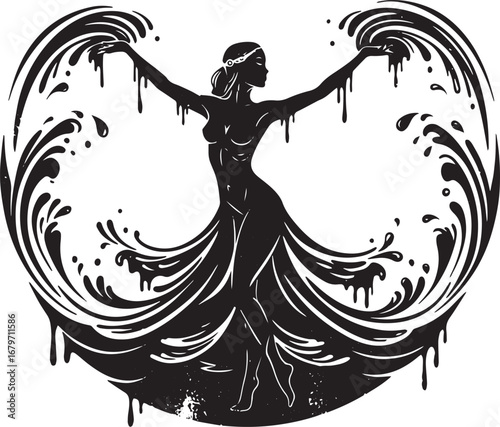 Silhouette of a woman surrounded by flowing liquid, creating a c