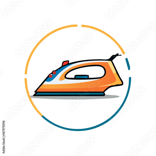 Modern household iron with blue and orange circular design elements