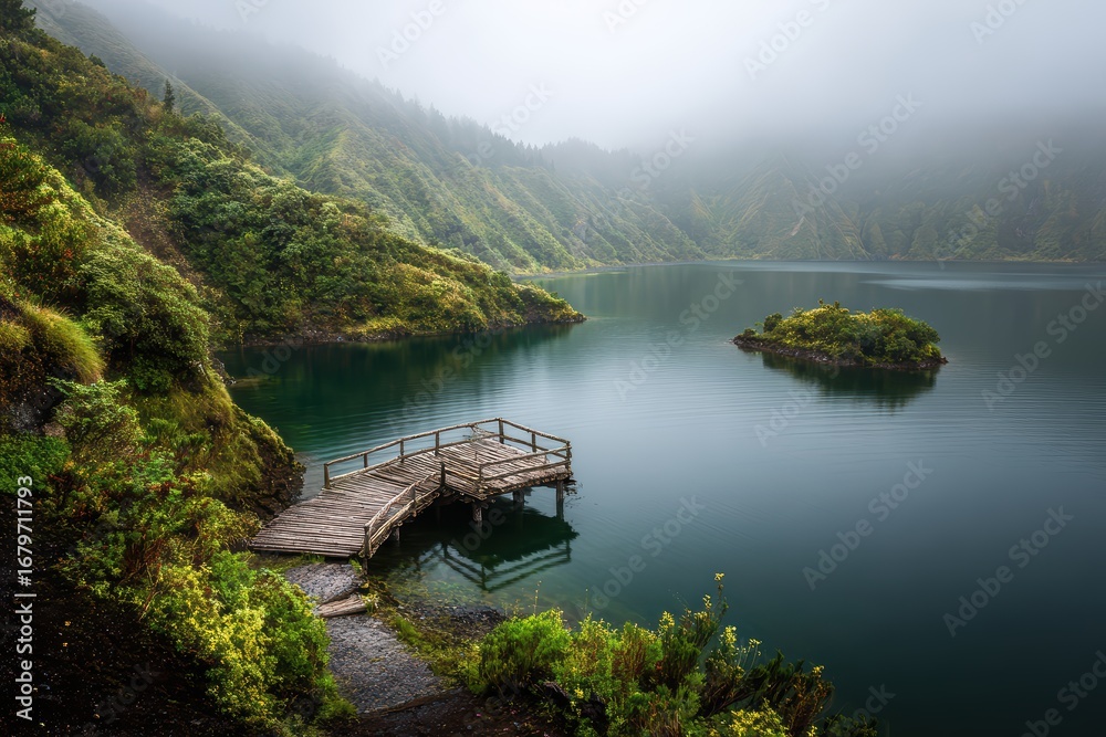 Fototapeta premium Spectacular Volcanic Crater Lake with Verdant Surroundings and Ethereal Mist, Wooden Dock Piercing the Calm Waters