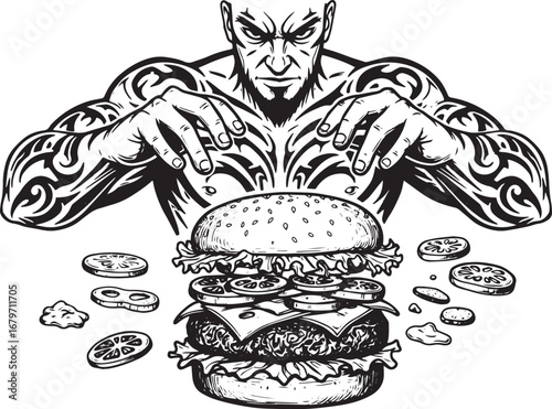Tattooed man preparing a monstrous burger with ingredients float