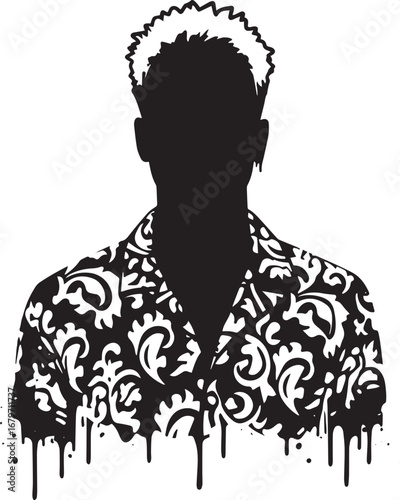 Abstract silhouette of a man with a patterned shirt and dripping