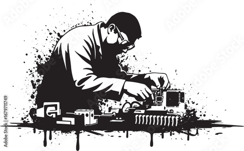 Abstract engineer artwork assembling electronic parts with black