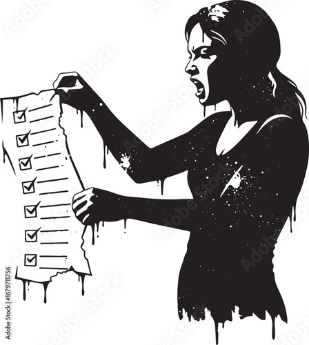 Frustrated woman ripping up checklist, representing overwhelming