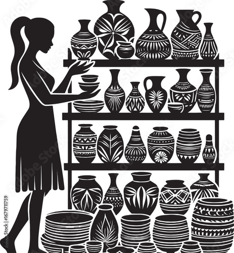 Silhouette of a Woman Admiring Pottery Displayed on Shelves in a Black and White Illustration