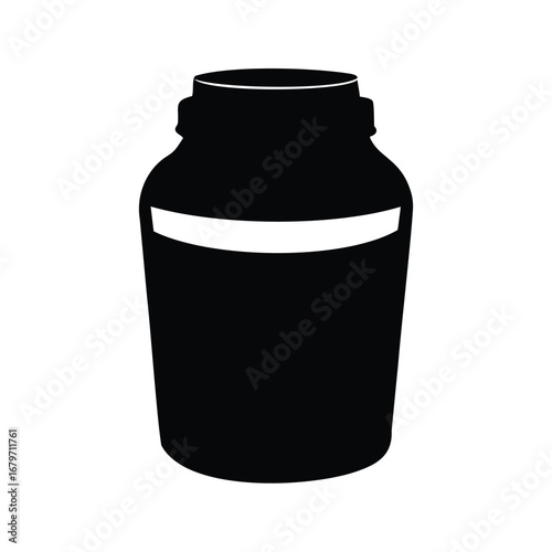Isolated black silhouette of a plastic or glass storage jar for the kitchen, creatine powder tub silhouette vector illustration