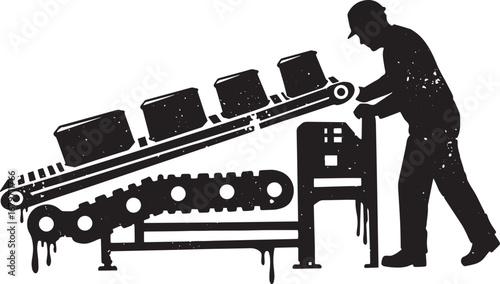 Silhouette of factory worker operating a conveyor belt with grun