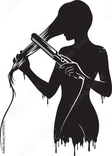 Elegant silhouette of a woman styling her hair with a straighten