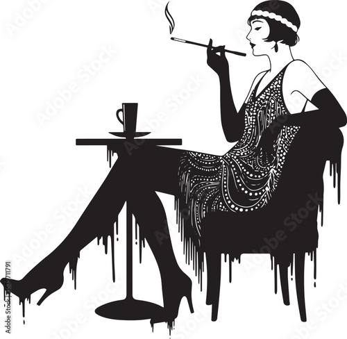 Silhouette of a vintage woman smoking with coffee in minimalist