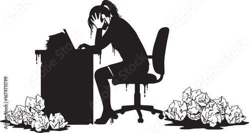 Overwhelmed professional woman facing office pressures and docum