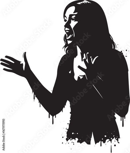 Expressive monochrome silhouette of a woman sharing a story with
