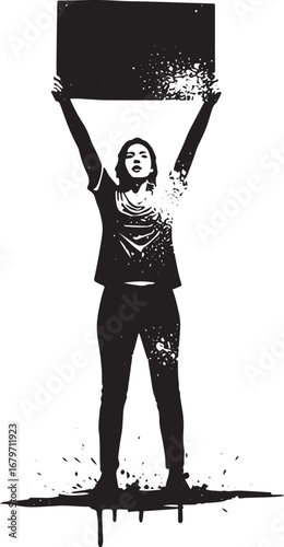 Monochrome illustration of a woman passionately protesting with