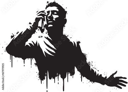Distressed man wiping sweat in stencil art style, isolated again