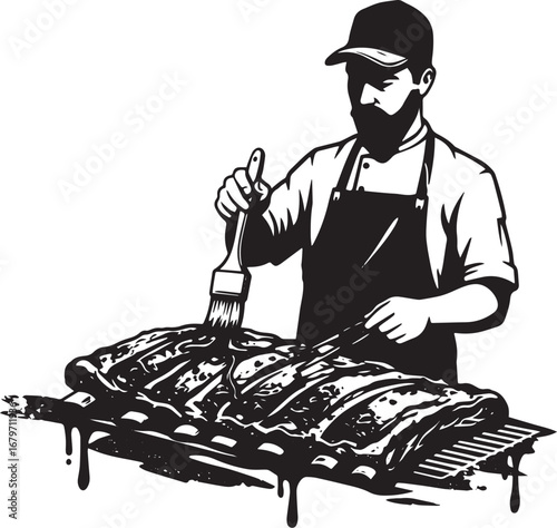 Black and white illustration of a chef basting ribs on a grill e