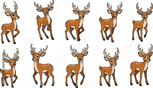 Cartoon deer standing in various poses. Wildlife, woodland creatures, animal illustration, childish, playful, design, forest animal, mammal