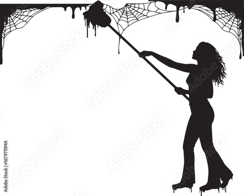 Silhouette of a woman with mop removing cobwebs for halloween de