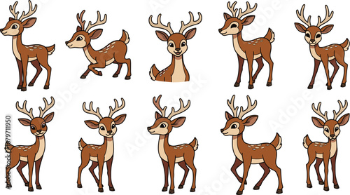 Cartoon deer poses in various stances. Cute fawn illustration, wildlife, nature, woodland creatures, animal, adorable, mascot, cartoonish, joyful, playful.