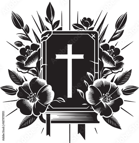 Vector illustration of a religious bible with a cross surrounded by floral elements