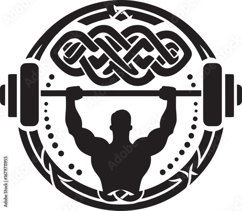 Illustration of a Weightlifter with a Barbell in a Circular Emblem Design for Fitness
