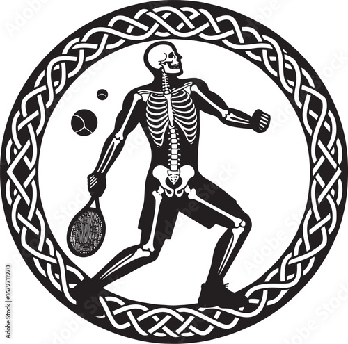 Skeleton Playing Tennis in Celtic Circle Design: Sporty, Artistic, and Anatomical Illustration