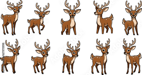 Cartoon deers in various poses on white. Wildlife, fauna, cute, illustration, mammal, animals, forest, nature.