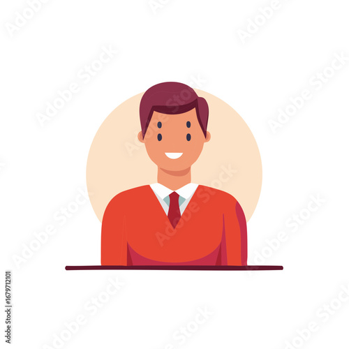 Confident Office Worker in Red Sweater with a Tie Smiling with a Background Circle Shape
