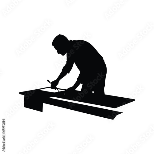 Silhouette of a draftsman working on a large table in black, cutting metal sheet silhouette vector illustration
