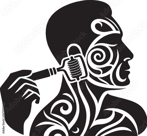 Man Rolling a Microneedle Derma Roller on Face in Silhouette with Tattoo Design