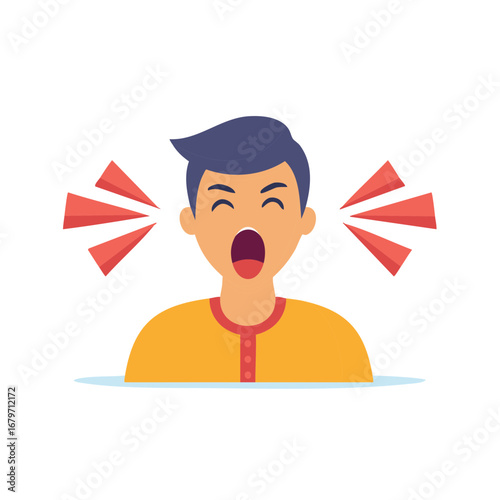 Cartoon Man Shouting with Sound Waves Warning Message Illustration