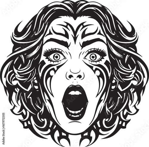 Stylized monochrome portrait of a surprised woman with striking