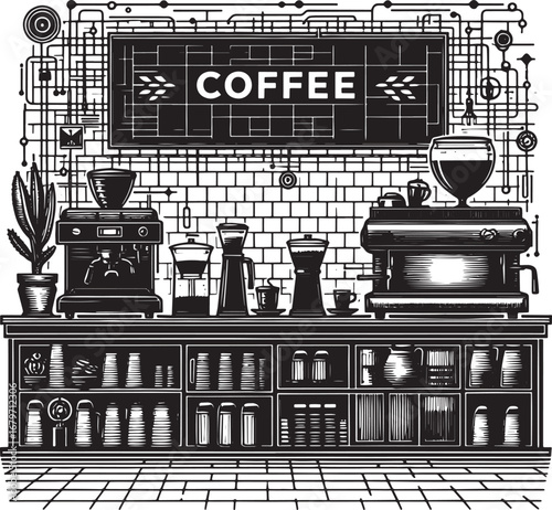 Detailed Black and White Illustration of a Coffee Shop Interior with Equipment Displayed