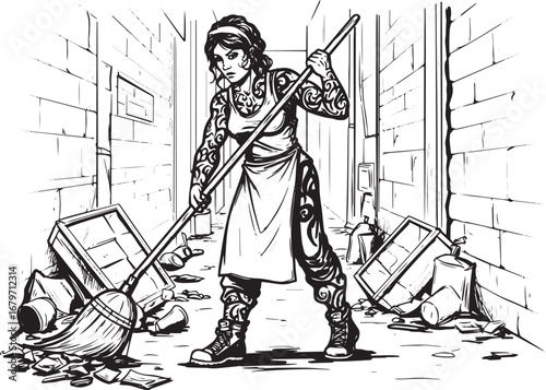 Tattooed woman cleaning up a messy alleyway with broom in detail